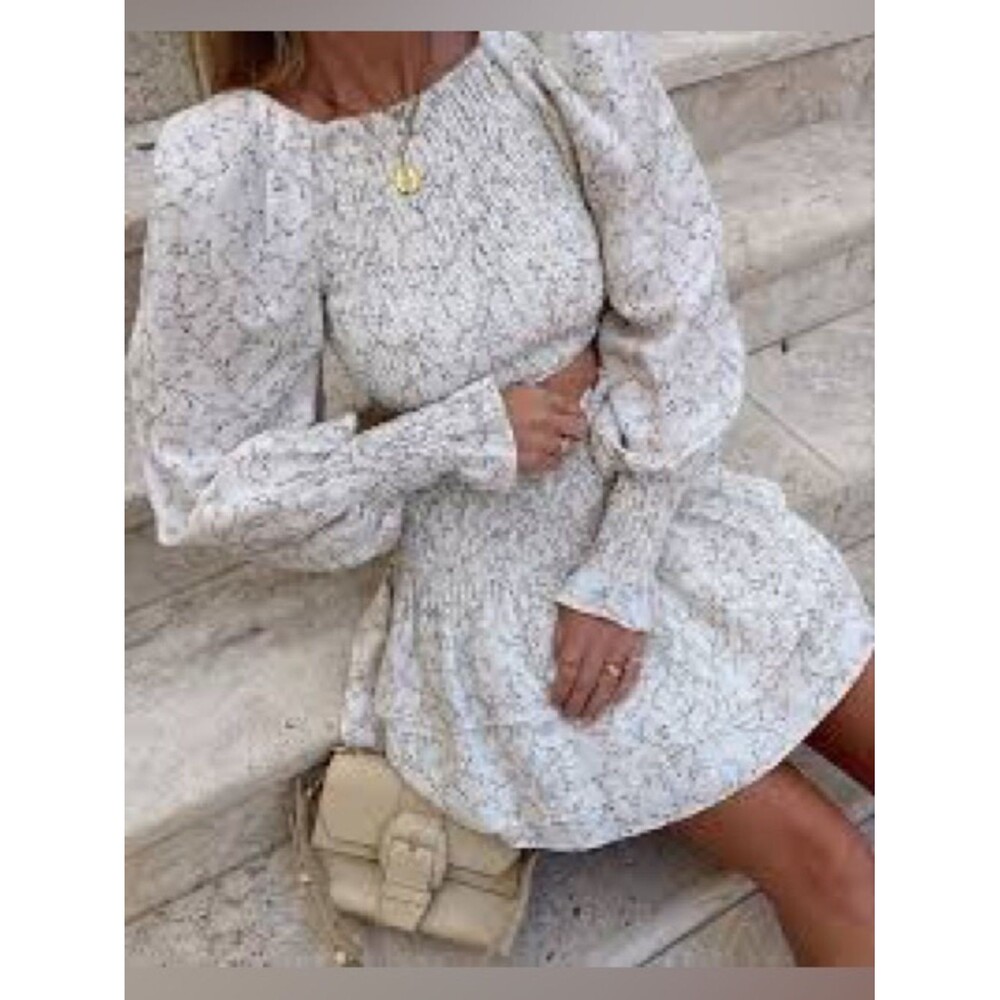 Shona Joy 6 Smocked Linen Blend Floral Mini Dress Puff Sleeves